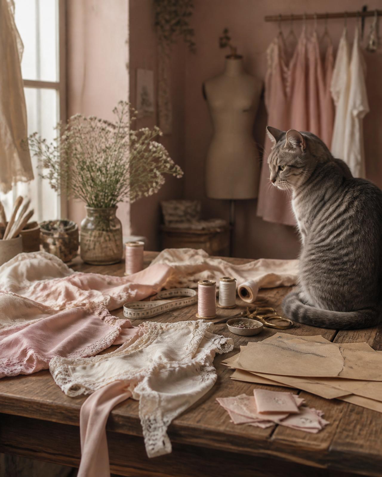 Atelier Felinea con gato gris observando la mesa de costura