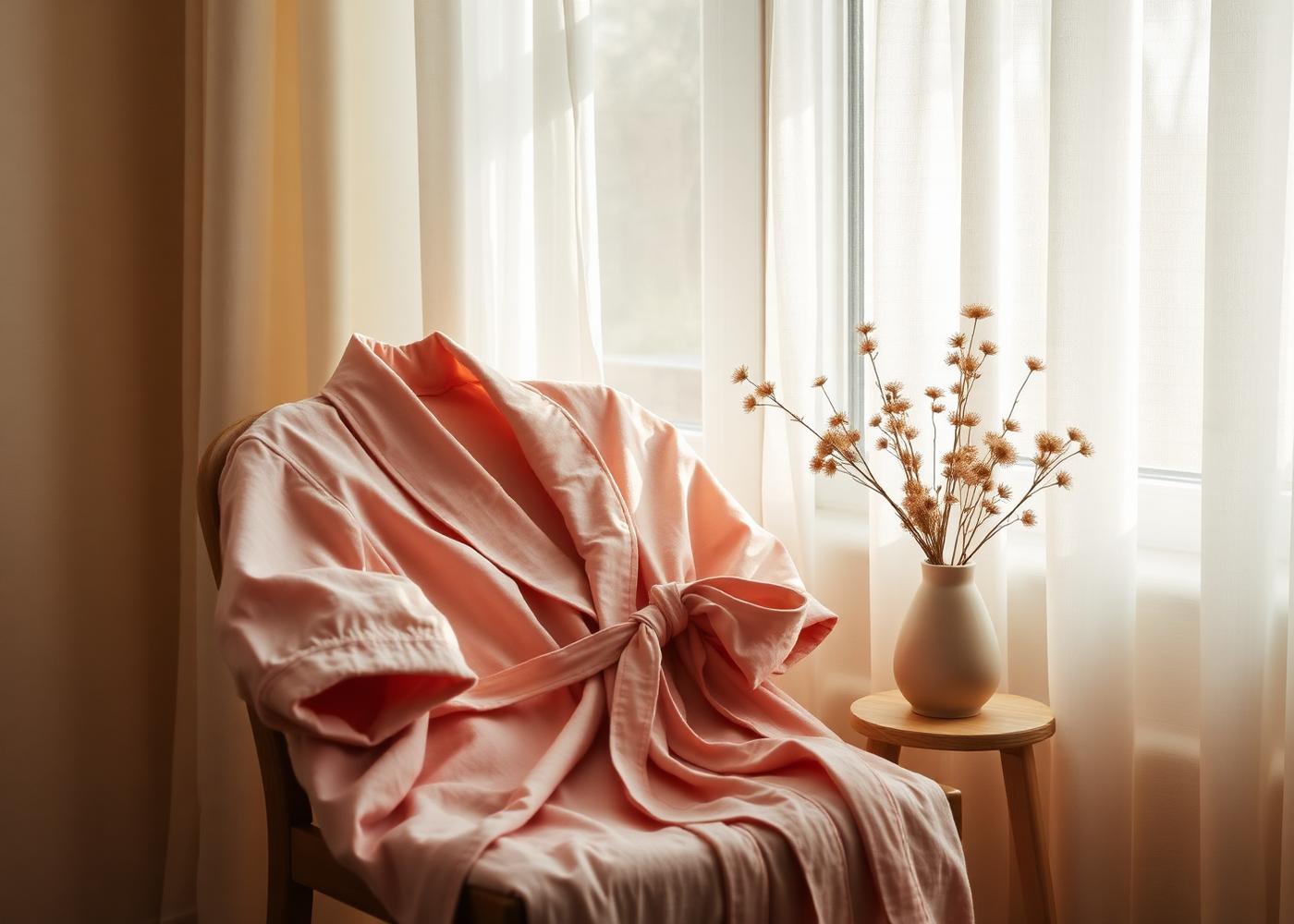 Bata de algodón rosa junto a una ventana con luz natural